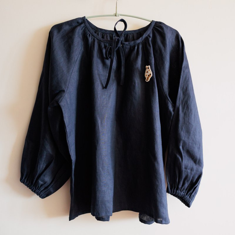 定制刺绣 深蓝圆领泡泡袖长袖罩衫 亚麻 张小姐订购 - 女装上衣 - 棉．麻 蓝色