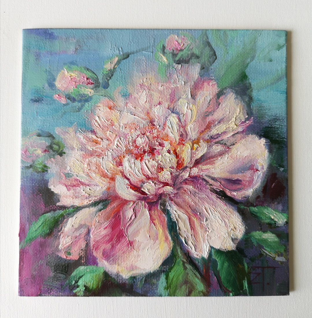 Peony Original Wall Art oil painting on canvas panel 15x15cm - 墙贴/壁贴 - 棉 