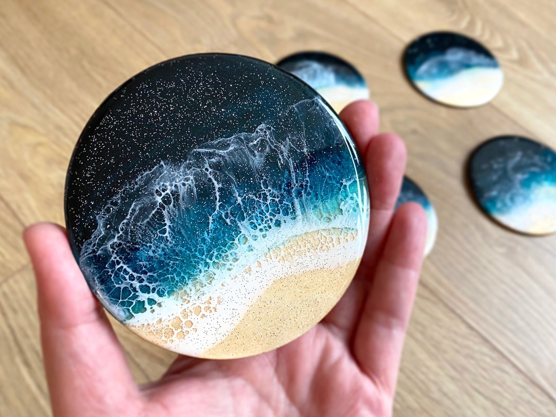 Handmade Coasters, Resin &amp; Wood Coaster, Wedding Gift, Home Gift, Functional Art - 杯垫 - 木头 蓝色