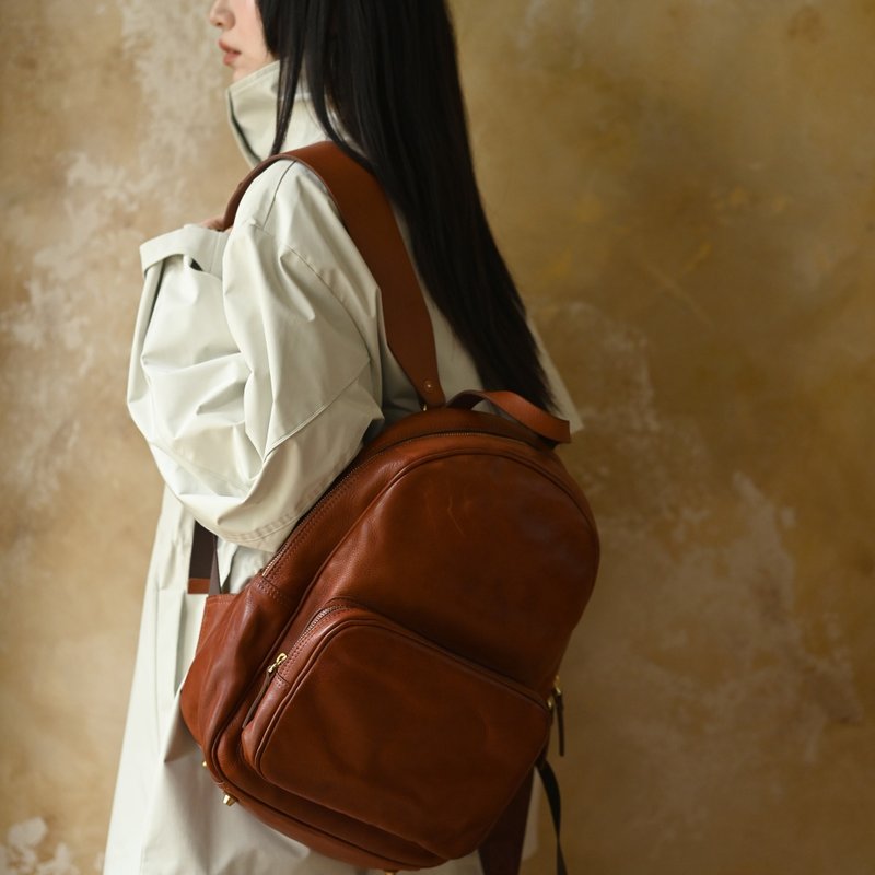 复古仿旧皮质-双肩带后背包-棕色 - 后背包/双肩包 - 真皮 咖啡色