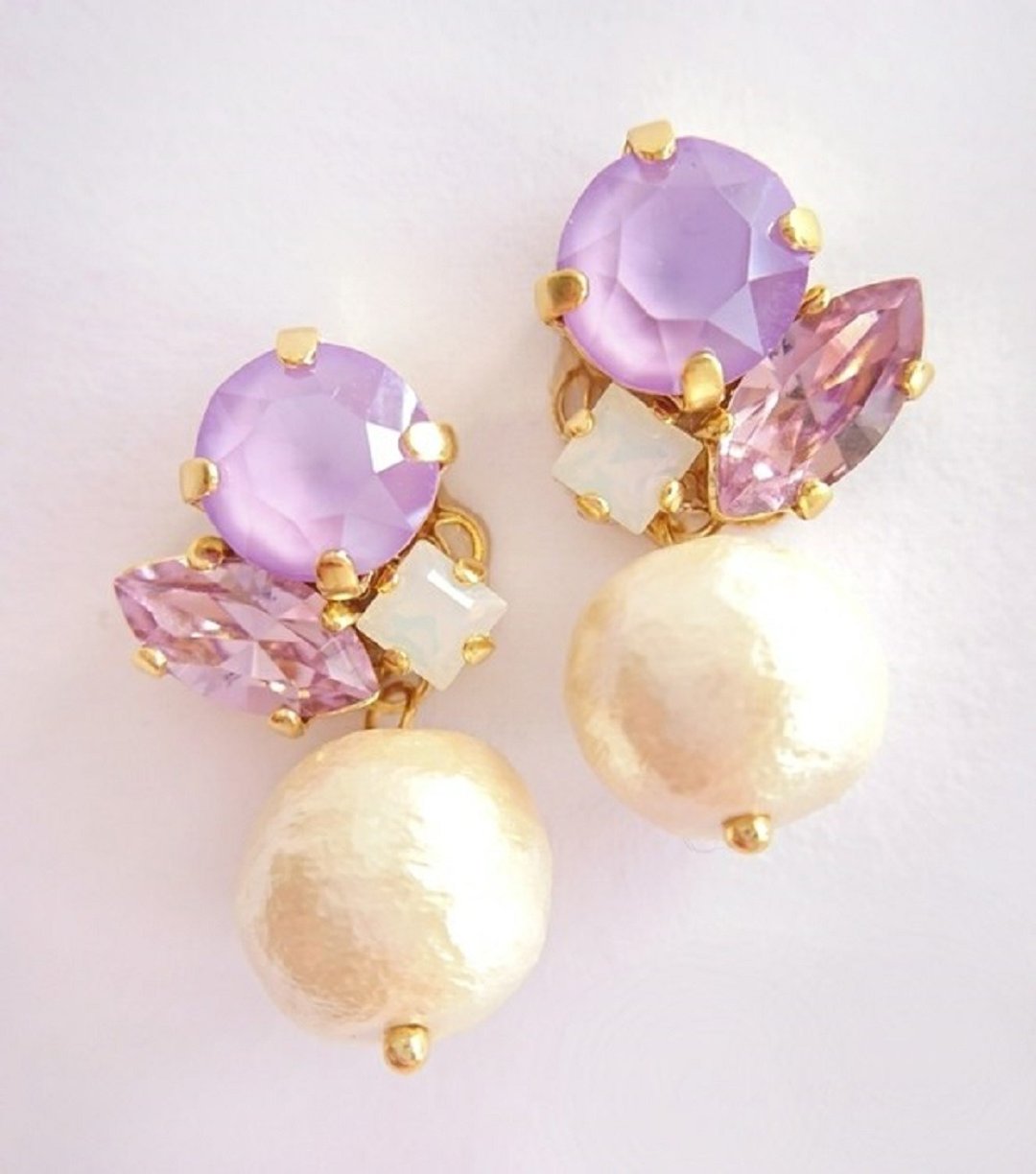 Swarovski & Pearl Clip-On, Earrings (Lavender) - 耳环/耳夹 - 水晶 紫色