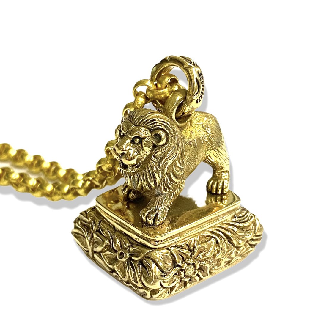 Vintage Pinchbeck Lion Wax Seal / Brass Handle Stamp Letter Fob Pendant + Chain - 印章/印台 - 铜/黄铜 金色