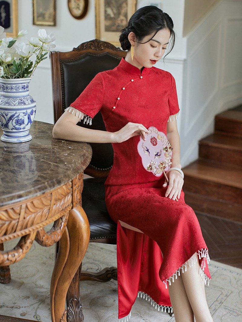 紅薔 紅色喜慶流蘇改良旗袍  復古改良中式新娘敬酒服婚禮禮服 - 旗袍 - 聚酯纤维 红色