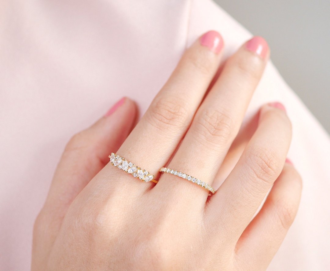 Marquise Cluster Ring, Marquise Ring 925 Sterling Silver, Gold Wedding Band - 戒指 - 银 