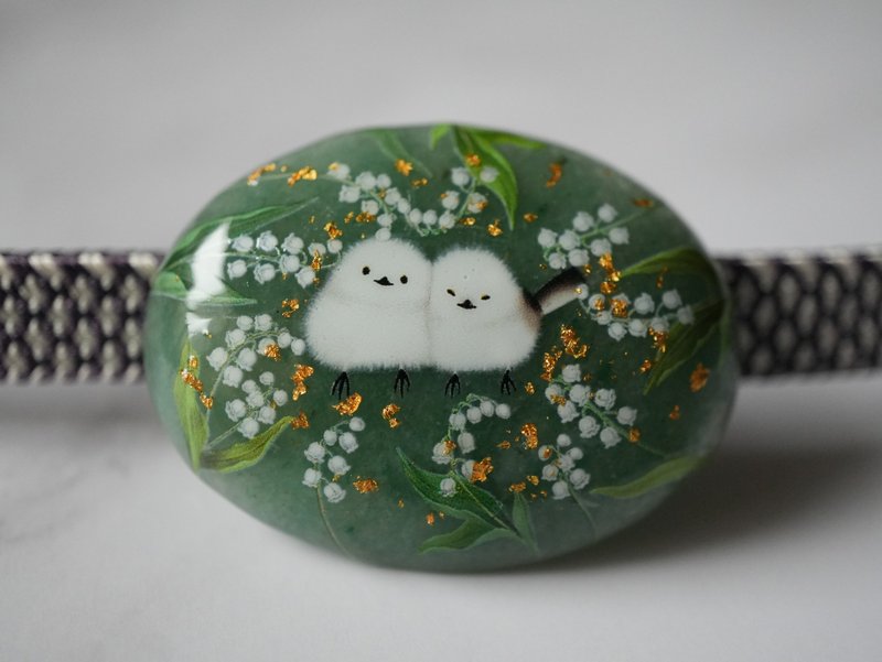 天然石绿玛瑙、铃兰、雪鸲、金箔发簪【独一无二】马尾夹 胸针 - 其他 - 宝石 绿色