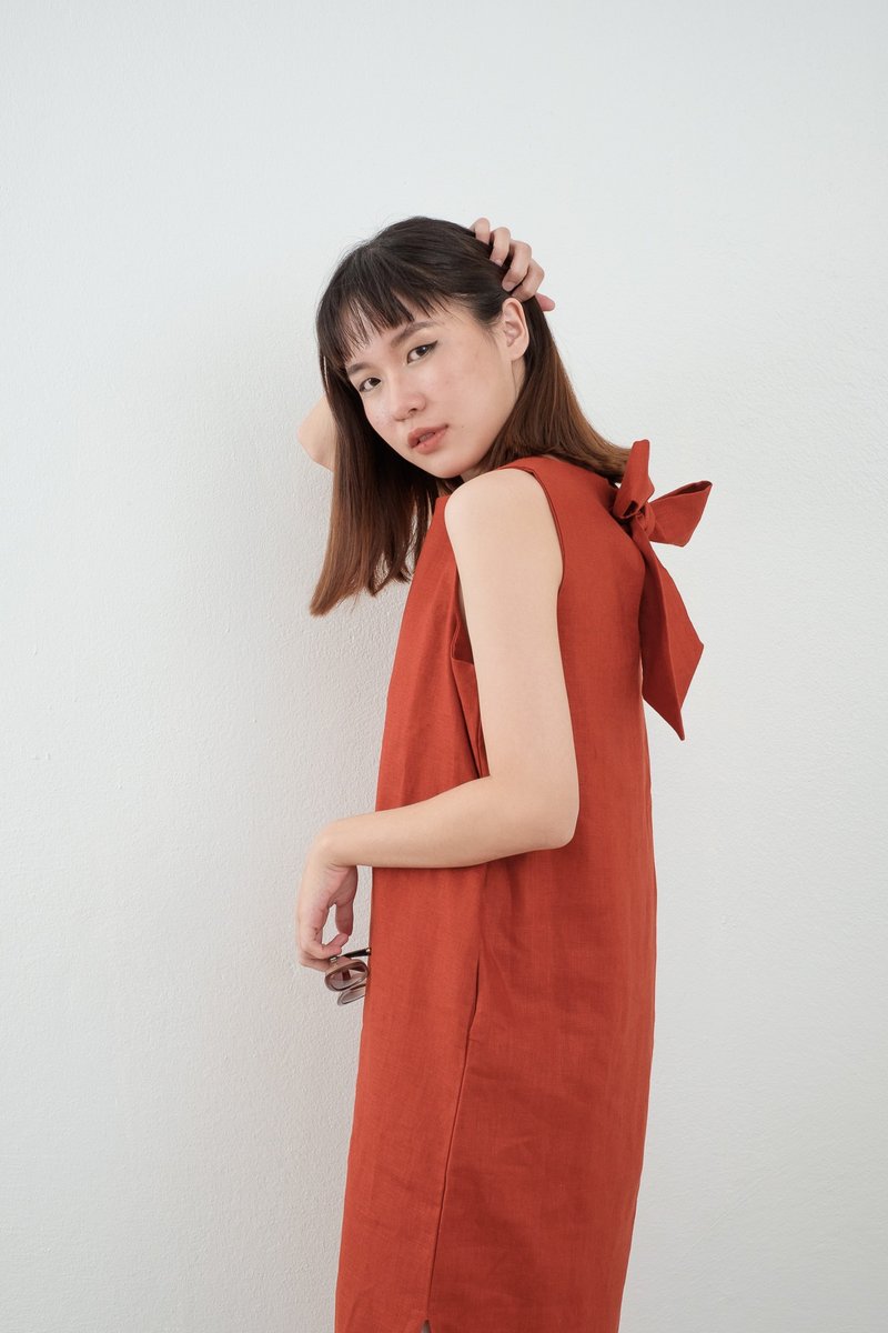 Scarlet Big Bow Linen Dress - 洋装/连衣裙 - 亚麻 红色