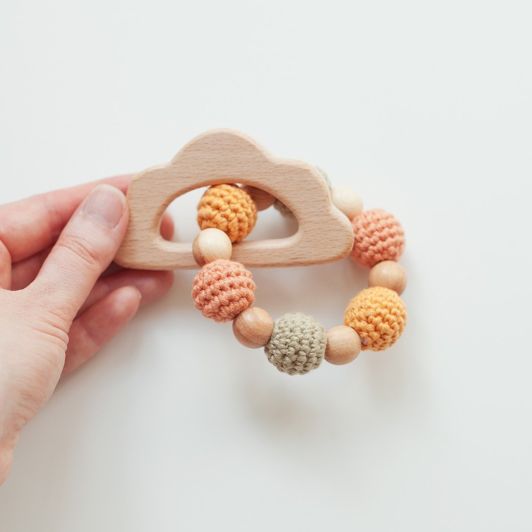 Pastel Baby Rattle with Wooden Cloud - Teething Ring Toy - Baby Teether - 满月礼盒 - 木头 多色