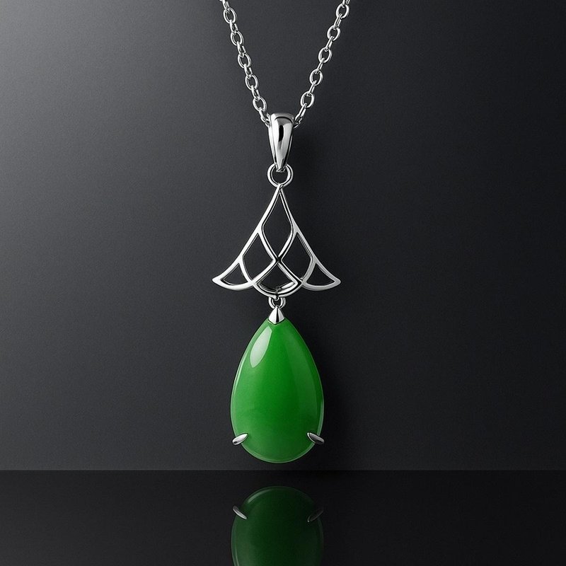 天籁 玉 坠子 天然碧玉 9x14 A货 纯银 925 项錬 礼物 - 项链 - 玉石 绿色