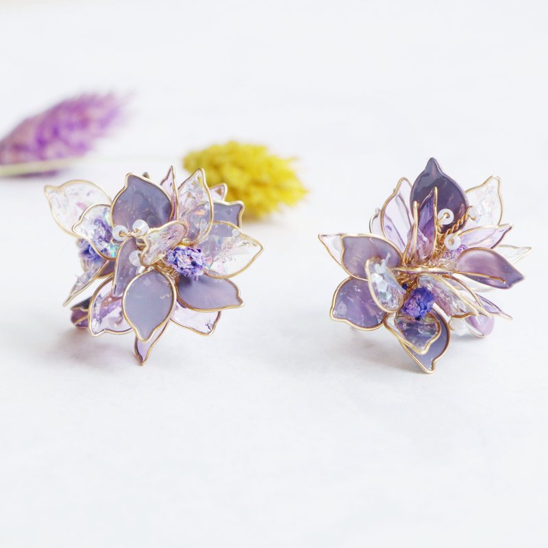 纯。Forever Young / 树脂搭配复合式媒材+925纯银 - 耳环/耳夹 - 树脂 紫色