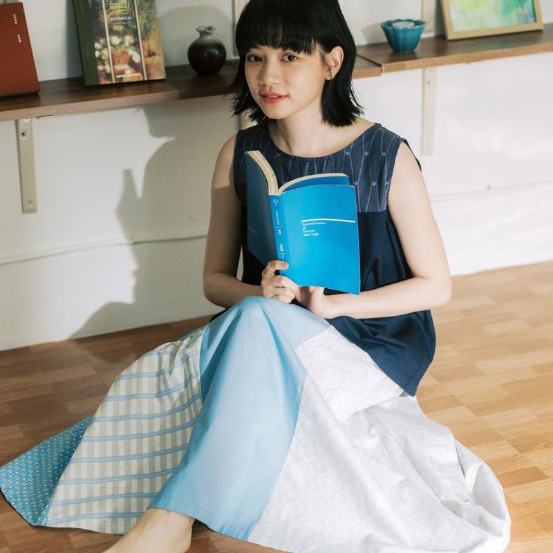 拼接圆花裙/玻璃海棠10号/柔纱灰/寗夏绽花 夏日穿搭推荐 - 裙子 - 棉．麻 