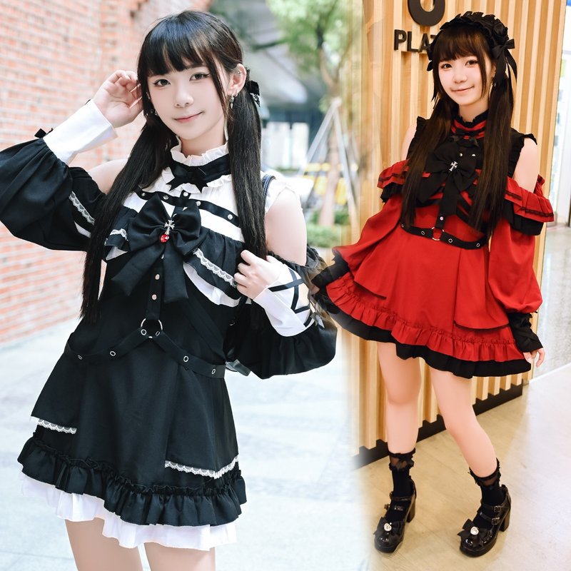 原创歌德狂想曲露肩小高领长袖领结蛋糕洋装荷叶边宫廷风【JJ2552 - 洋装/连衣裙 - 棉．麻 