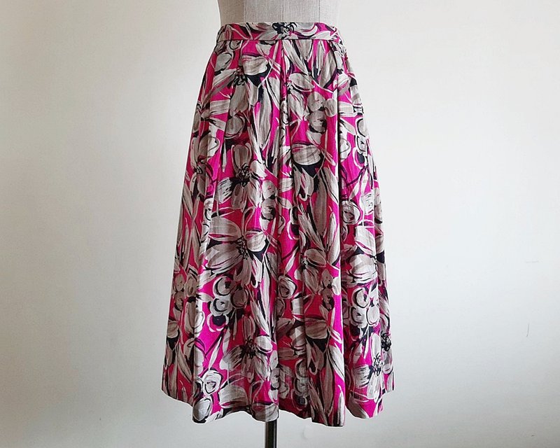 复古棕粉色系印花裙 女款 棉质 褶皱伞状 中长裙 XS 25寸腰围 - 裙子 - 棉．麻 粉红色