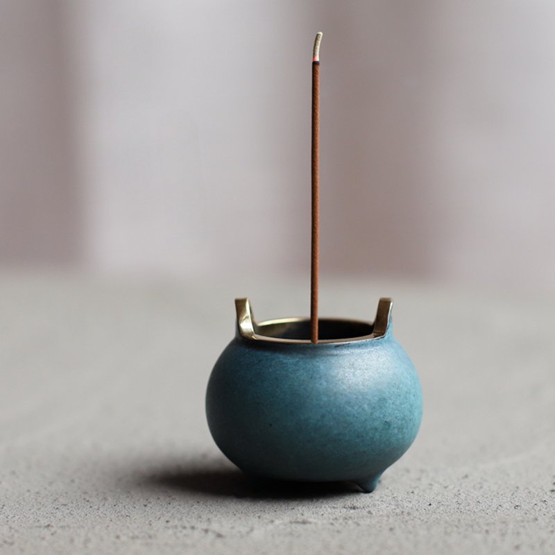 鼓式桥耳 黄铜便携小香炉, 烧蓝描金宣德炉, 线香香炉, 香薰炉 - 香薰/精油/线香 - 铜/黄铜 