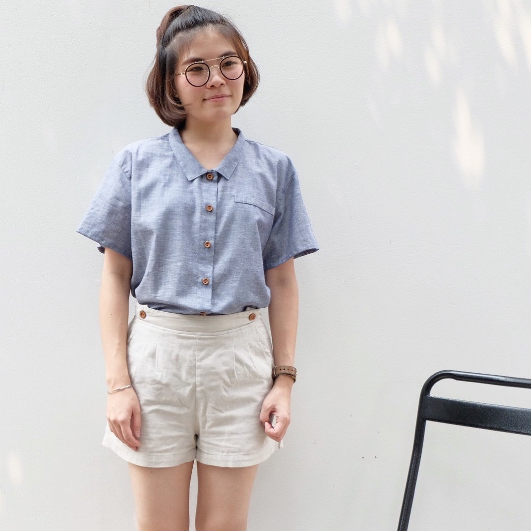 Yama Shoulder Slope Shirt - Indigo Blue Color - 女装上衣 - 棉 蓝色