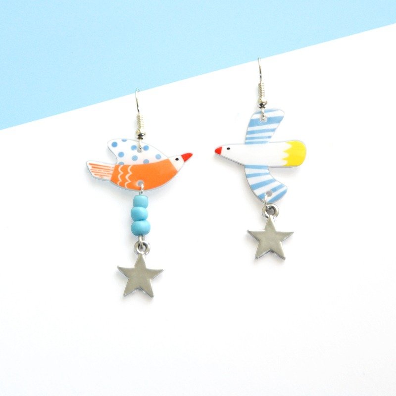 海鸟耳环 个性不对称手工耳坠 清新时尚 可改耳夹 礼物 - 耳环/耳夹 - 其他金属 蓝色