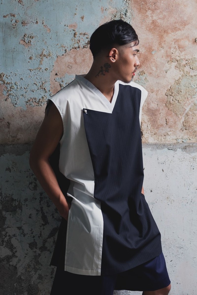 假领片拼接无袖OVERSIZE上衣(162T12) - 男装上衣/T 恤 - 棉．麻 白色