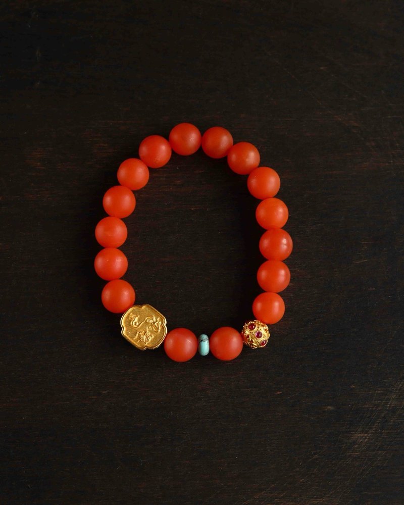 9mm 天然原矿南红 纯银鎏金三合牌松石设计单圈手持手串 s - 手链/手环 - 半宝石 红色