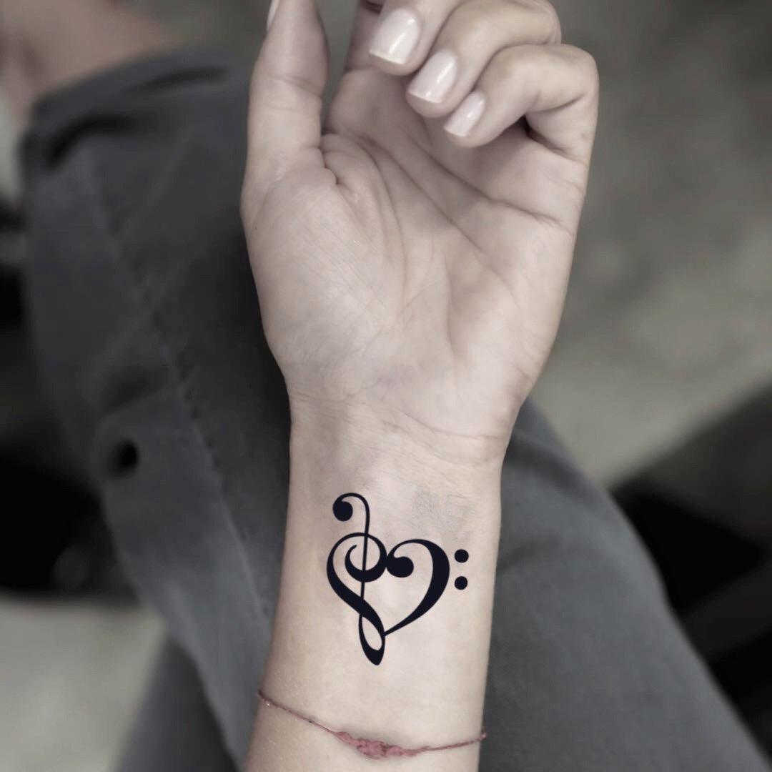 OhMyTat 音乐心符号 Music Note Heart 刺青图案纹身贴纸 (2 张) - 纹身贴 - 纸 黑色