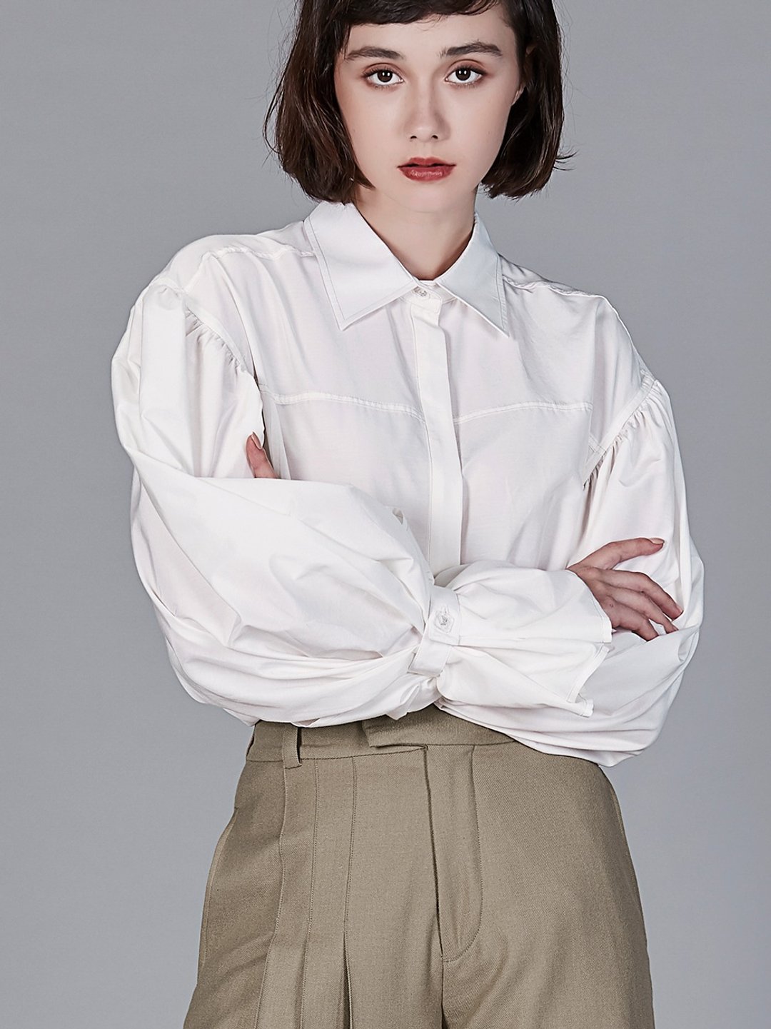 宽松慵懒简约BF风百搭显瘦法式上衣复古灯笼袖真丝棉白衬衫 - 女装衬衫 - 丝．绢 白色