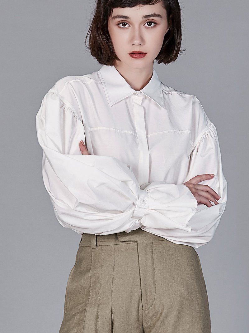 宽松慵懒简约BF风百搭显瘦法式上衣复古灯笼袖真丝棉白衬衫 - 女装衬衫 - 丝．绢 白色