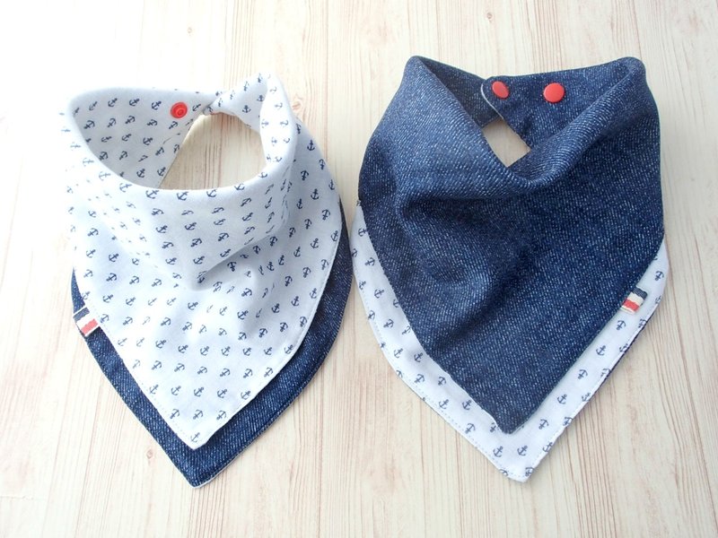 Baby Bib, 口水巾, Saliva Towel. Scarf Bib, Handkerchief, Anchor, Japanese Cotton - 围嘴/口水巾 - 棉．麻 蓝色