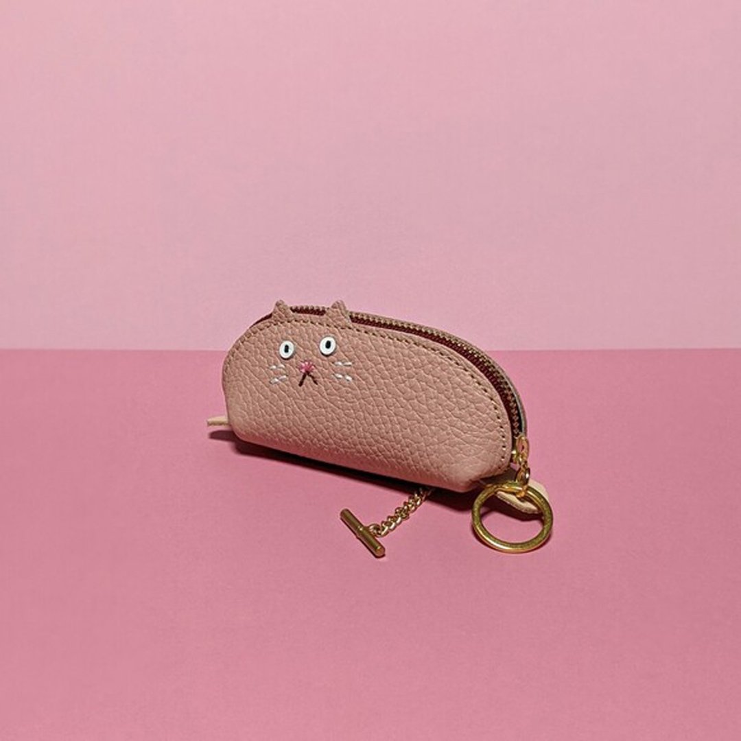 Palm-sized cat-shaped zipper key case-pink - 钥匙链/钥匙包 - 真皮 粉红色