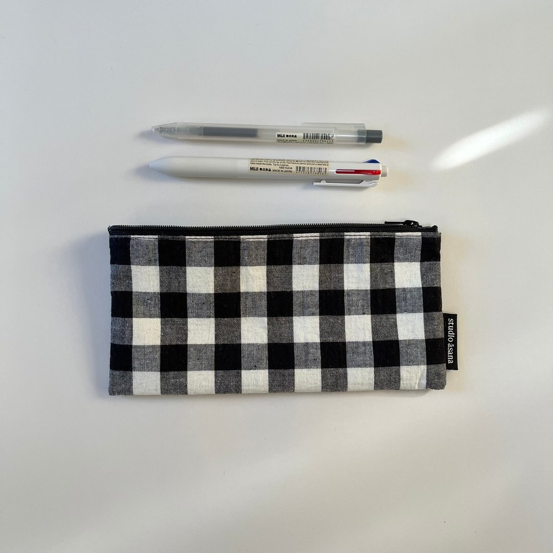 半亚麻笔袋 (黑色 格纹) 笔盒 手帐 宽版胶带 文具 事务用品 - 铅笔盒/笔袋 - 棉 黑色