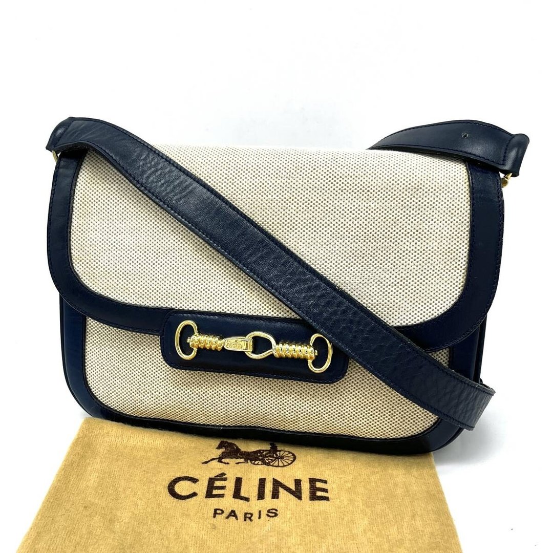 稀有中古二手Celine海军蓝拼白色马车金扣皮革单肩侧背斜孭包手袋 - 侧背包/斜挎包 - 真皮 蓝色