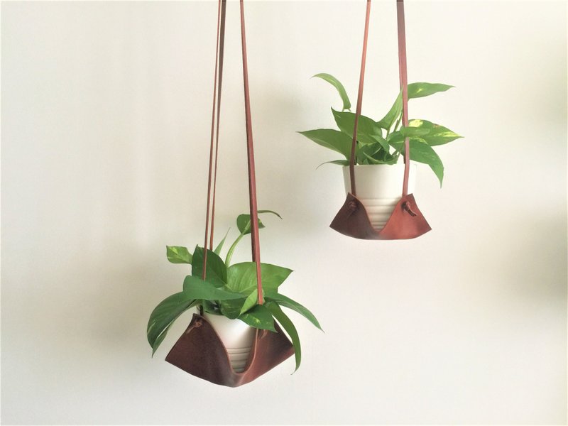阳台垂吊花盆挂架//花盆架悬挂式//花盆吊架//乔迁/搬家礼物推荐 - 花瓶/陶器 - 真皮 咖啡色