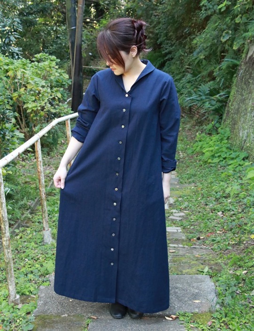 Shawl collar dress in cotton Linen - 洋装/连衣裙 - 棉 