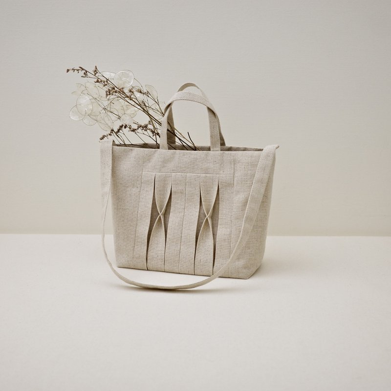 立体打褶 中托特包 / 帆布包 / 手提肩背两用 / 侧背 / 棉麻原色 - 手提包/手提袋 - 棉．麻 卡其色