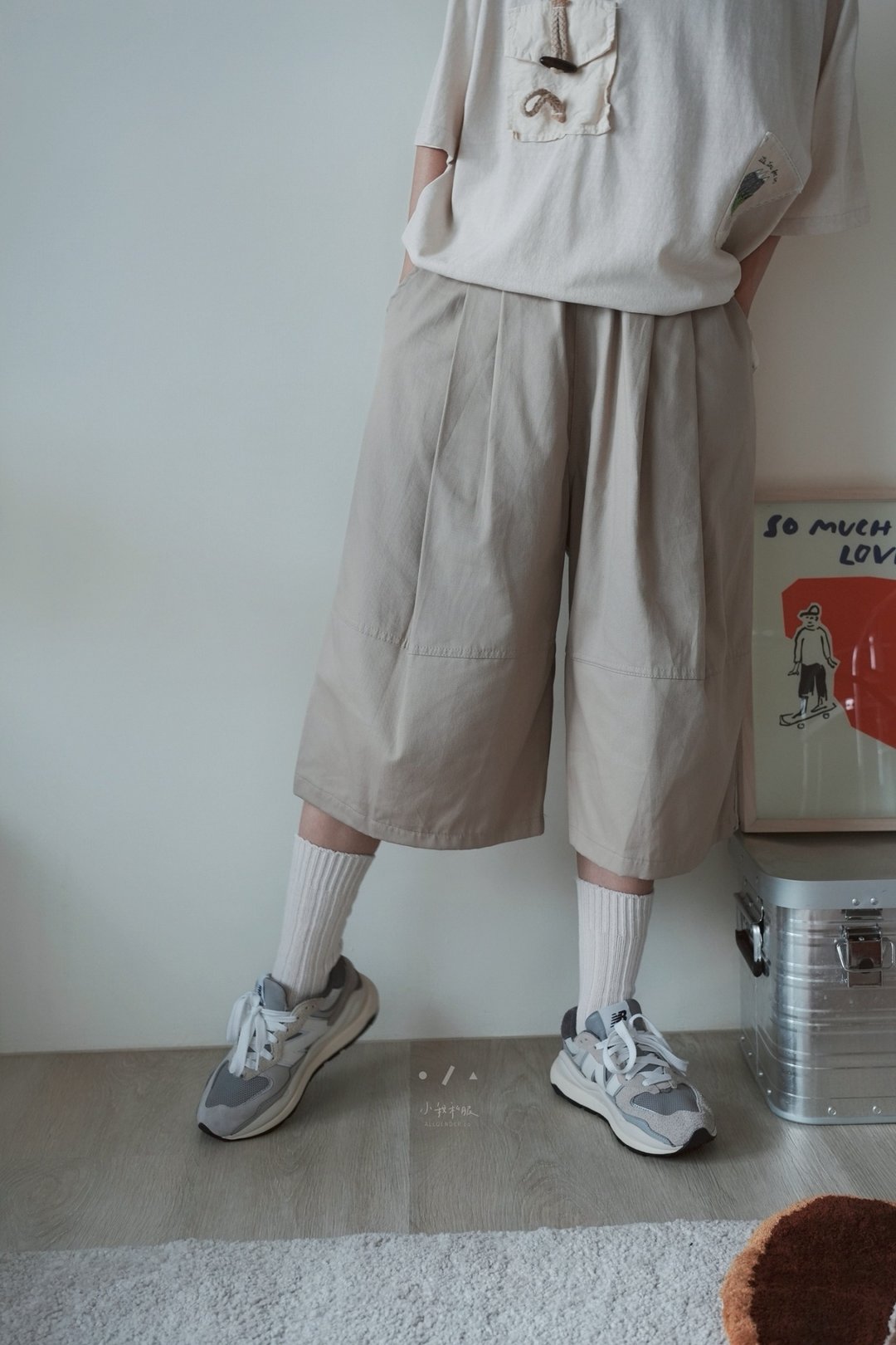 露草直筒全松紧腰七分裤 - 2 色 - 卡其米 - 中性裤装 - 棉 白色