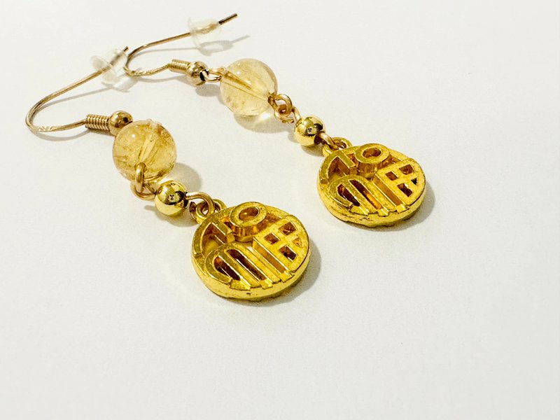 黄水晶褔字耳环 - 耳环/耳夹 - 水晶 黄色