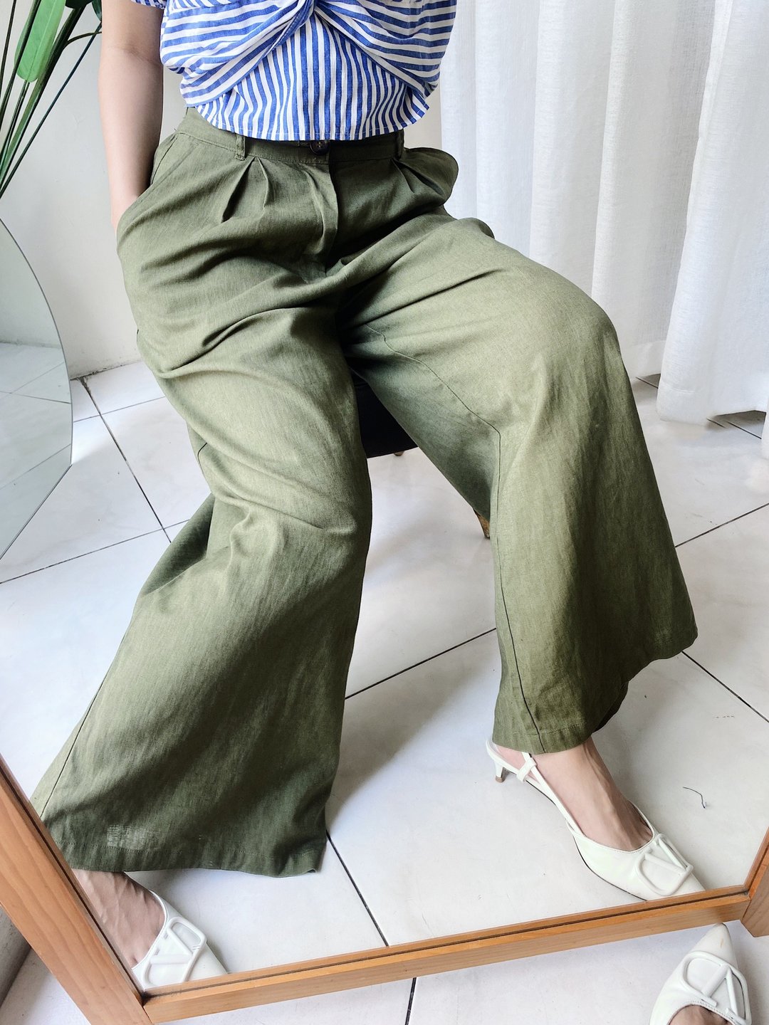 earth music &amp; ecology 橄榄绿 古着棉麻长裤宽裤 pants vintage - 女装长裤 - 棉．麻 绿色