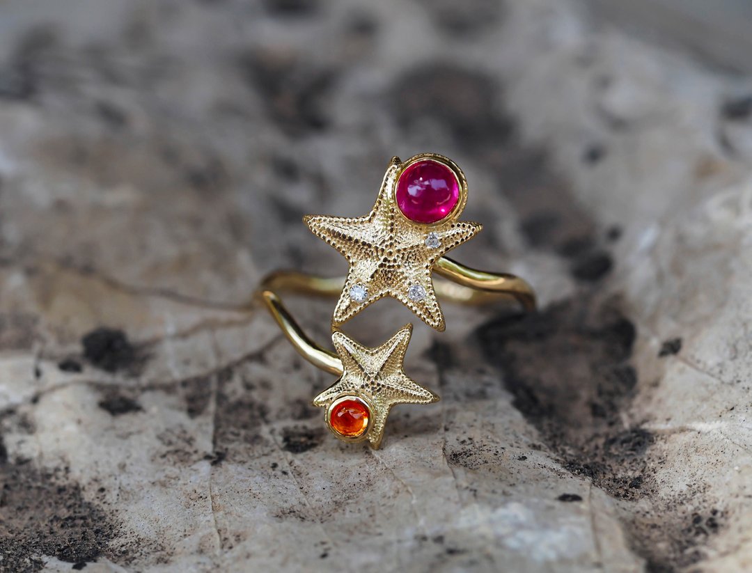 14k  gold ring with ruby, sapphire and diamonds. - 戒指 - 贵金属 金色