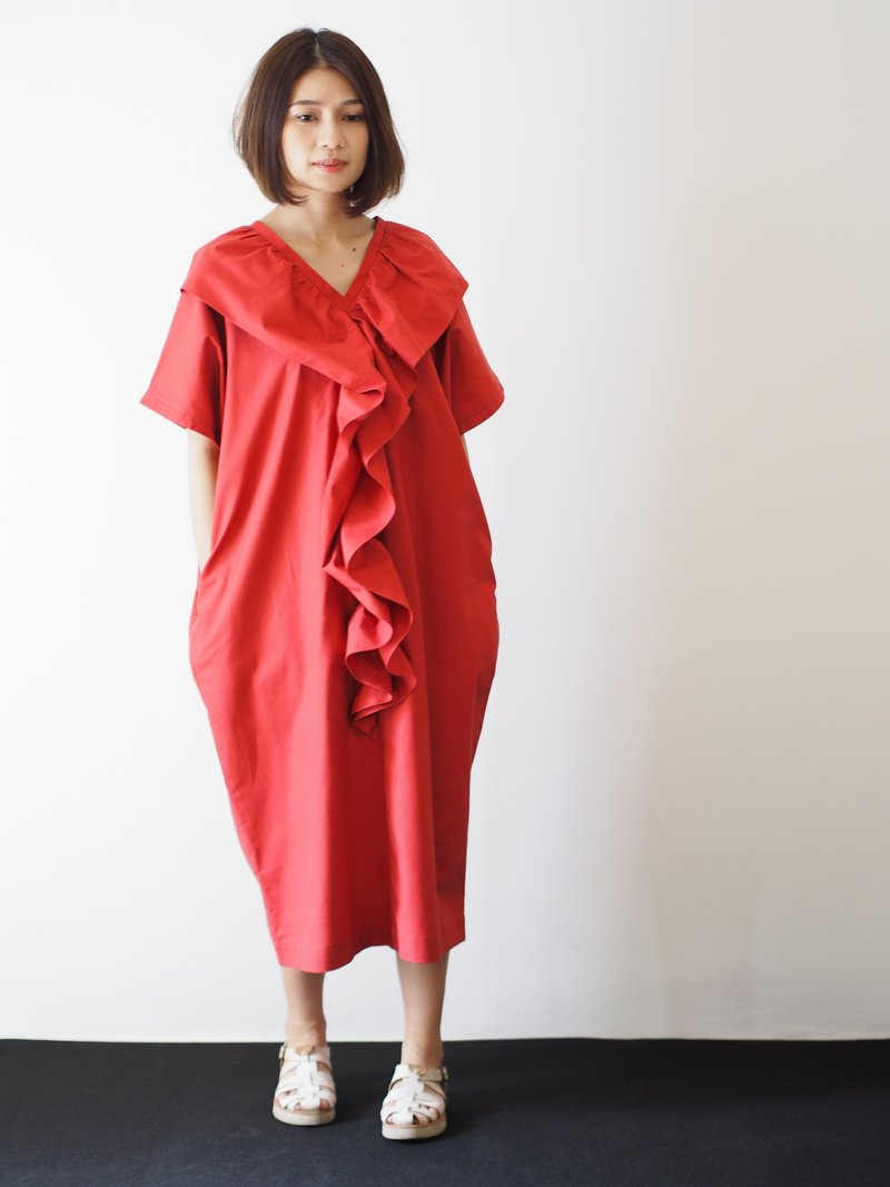 ManiBleu Front Frill V Neck Dress - Burnt Orange - 洋装/连衣裙 - 棉．麻 橘色
