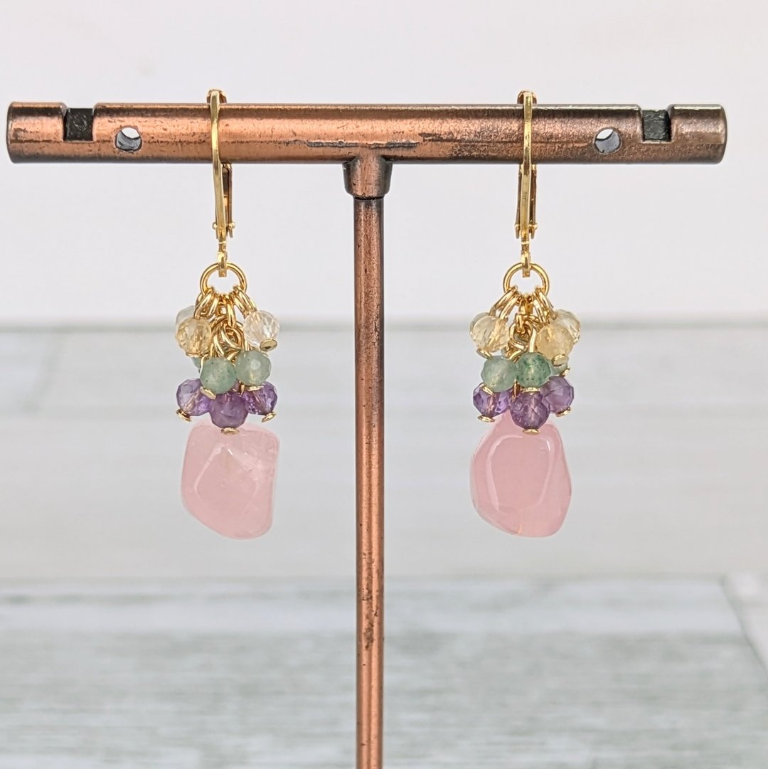 宝石 半宝石 耳环【黄水晶・紫水晶・东菱玉・玫瑰石英】18金PVD - 耳环/耳夹 - 宝石 