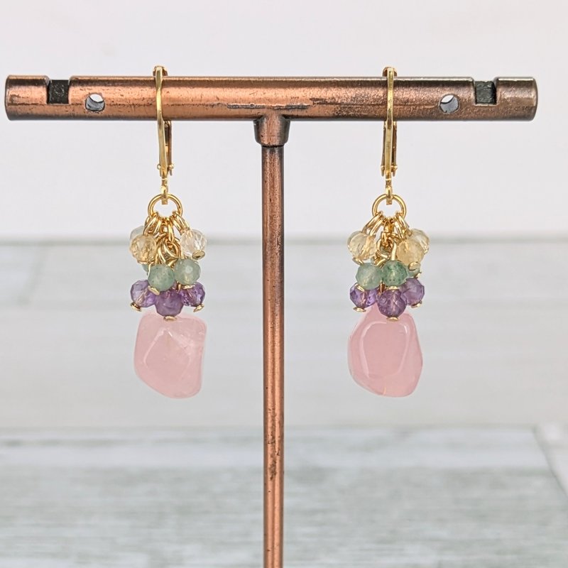 宝石 半宝石 耳环【黄水晶・紫水晶・东菱玉・玫瑰石英】18金PVD - 耳环/耳夹 - 宝石 