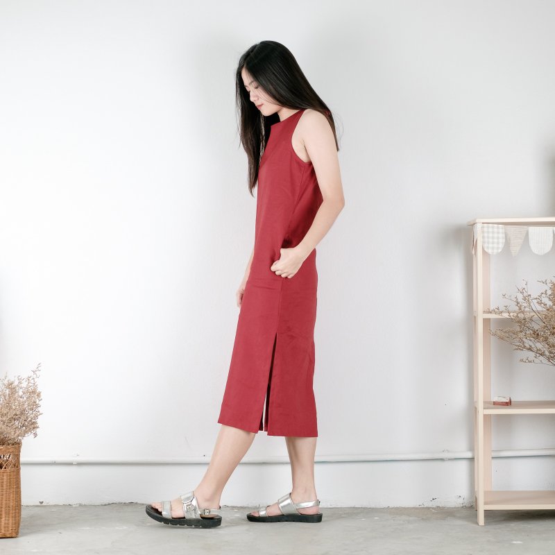 Red Berry Big Bow Linen Dress - 洋装/连衣裙 - 棉．麻 红色