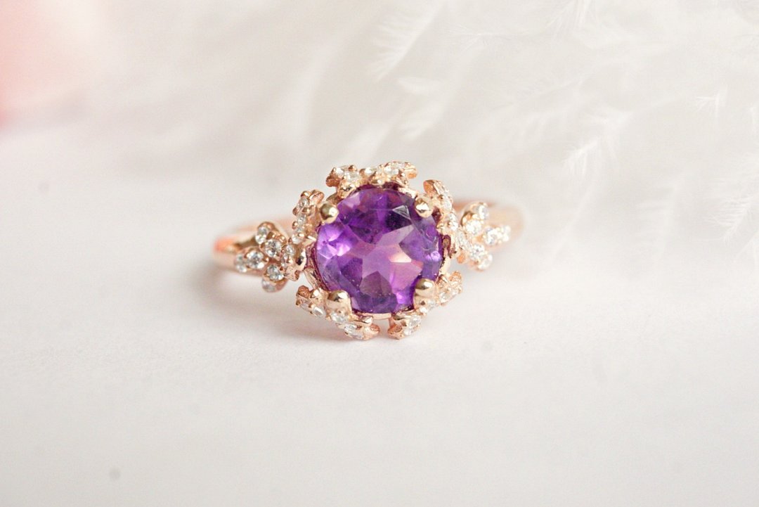 Natural Amethyst Ring Silver 925 With Rose Gold Plated. - 戒指 - 纯银 紫色
