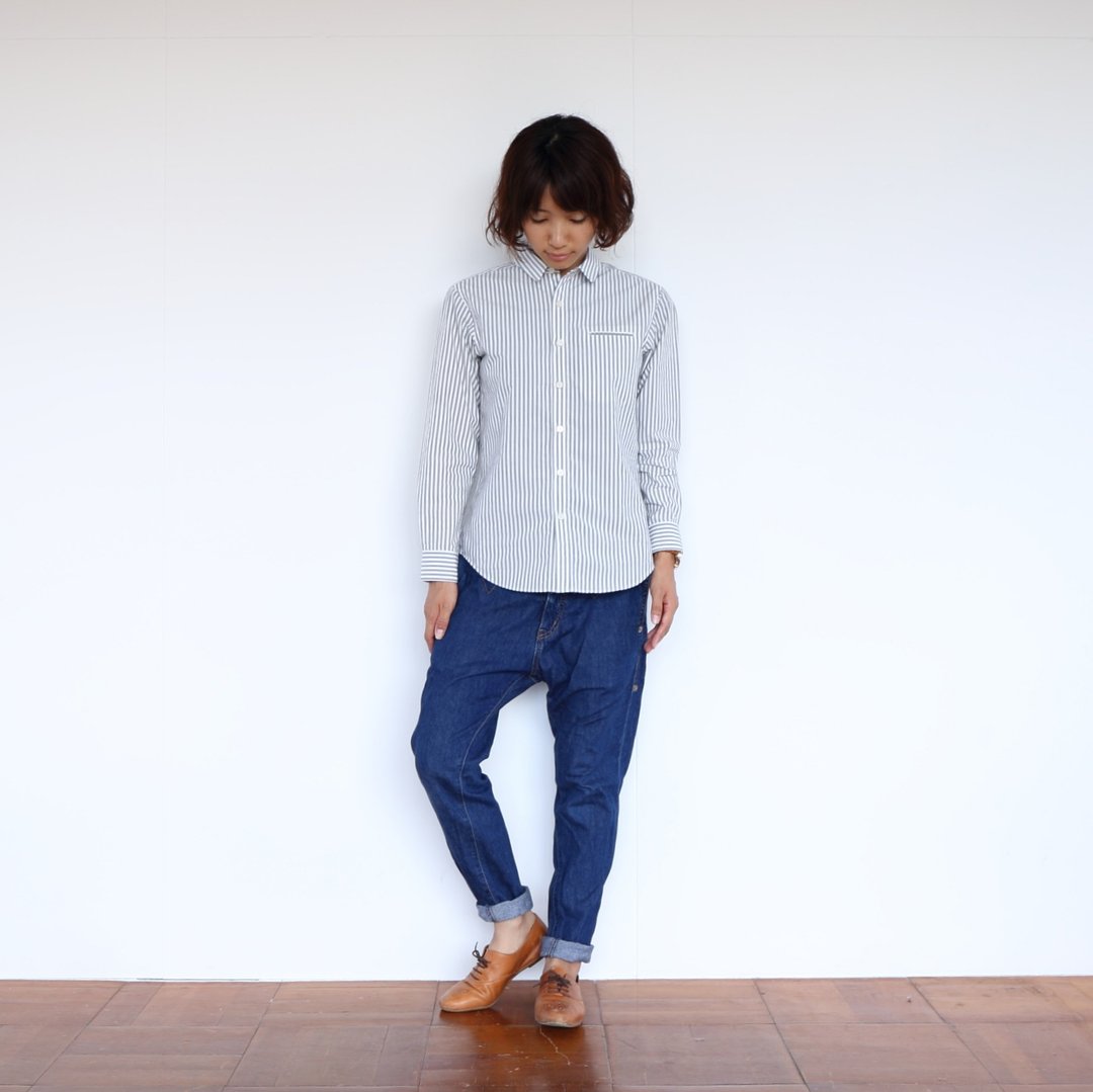 灰色超高密度棉质条纹衬衫 gray・男女都可穿 size1 - 女装衬衫 - 棉 灰色