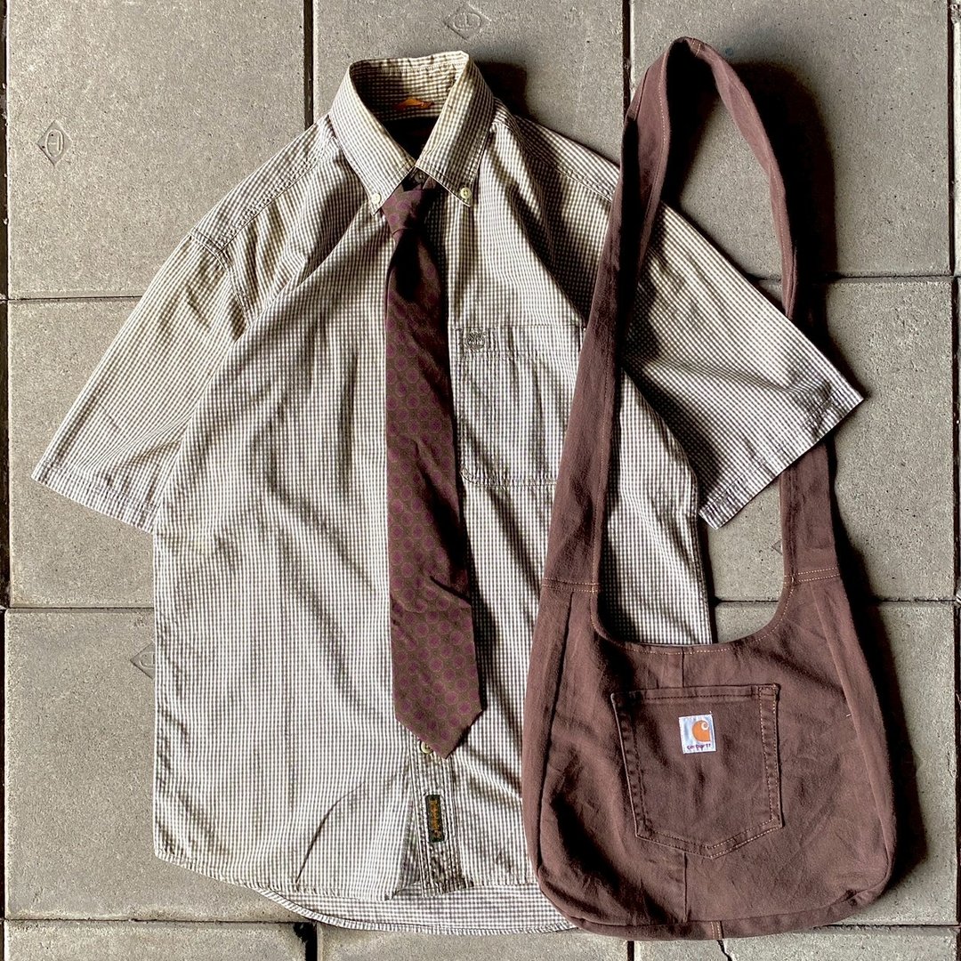 --两光师古着--Timberland茶色格纹衬衫、领带、马鞍包 - 男装衬衫 - 其他材质 卡其色