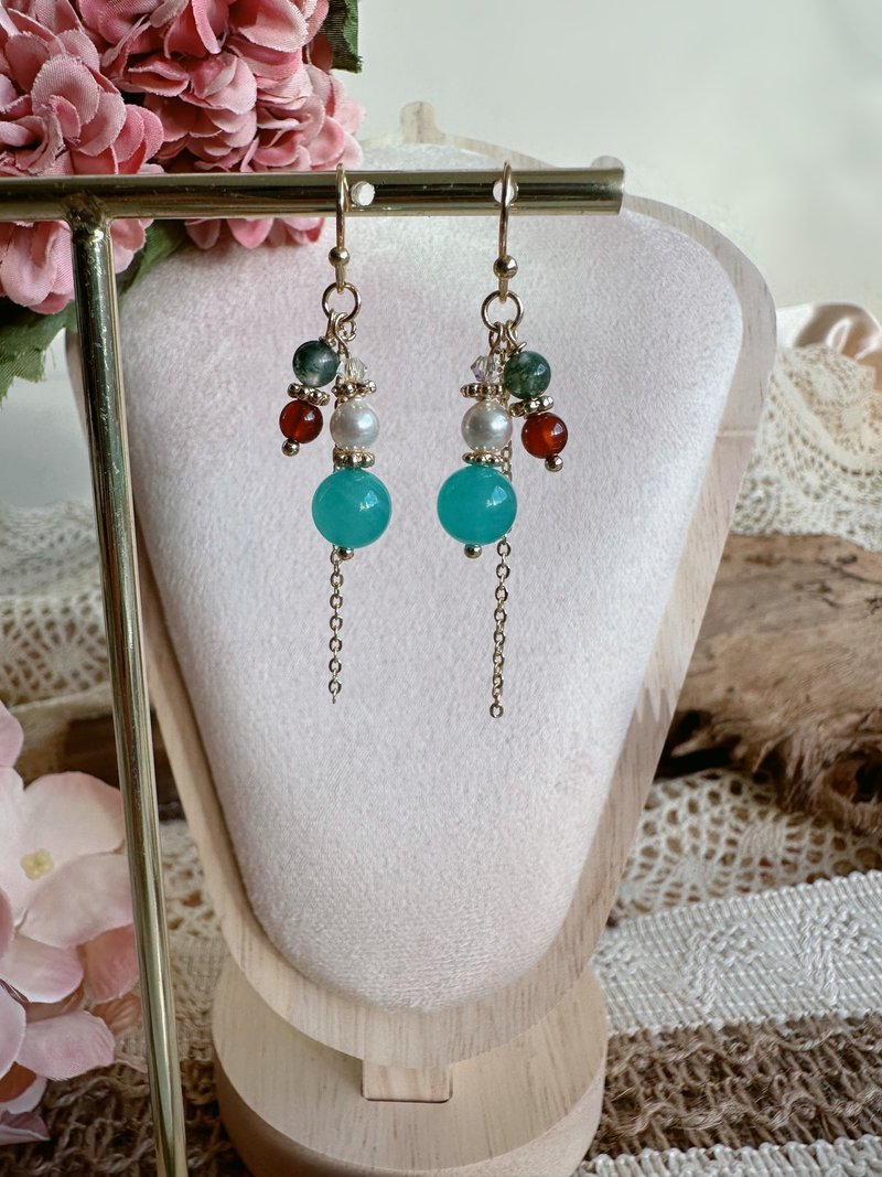 蓝莓物语 l 天河石 红石柳 水草玛瑙 水晶耳环 - 耳环/耳夹 - 水晶 蓝色