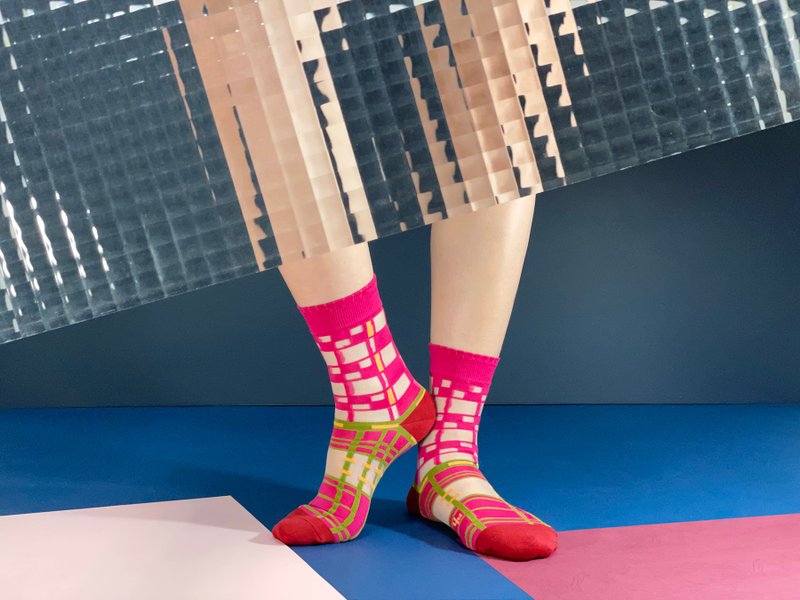 棋盘 透肤中筒袜 - 袜子 -  桃红 - 袜子 - 其他人造纤维 粉红色