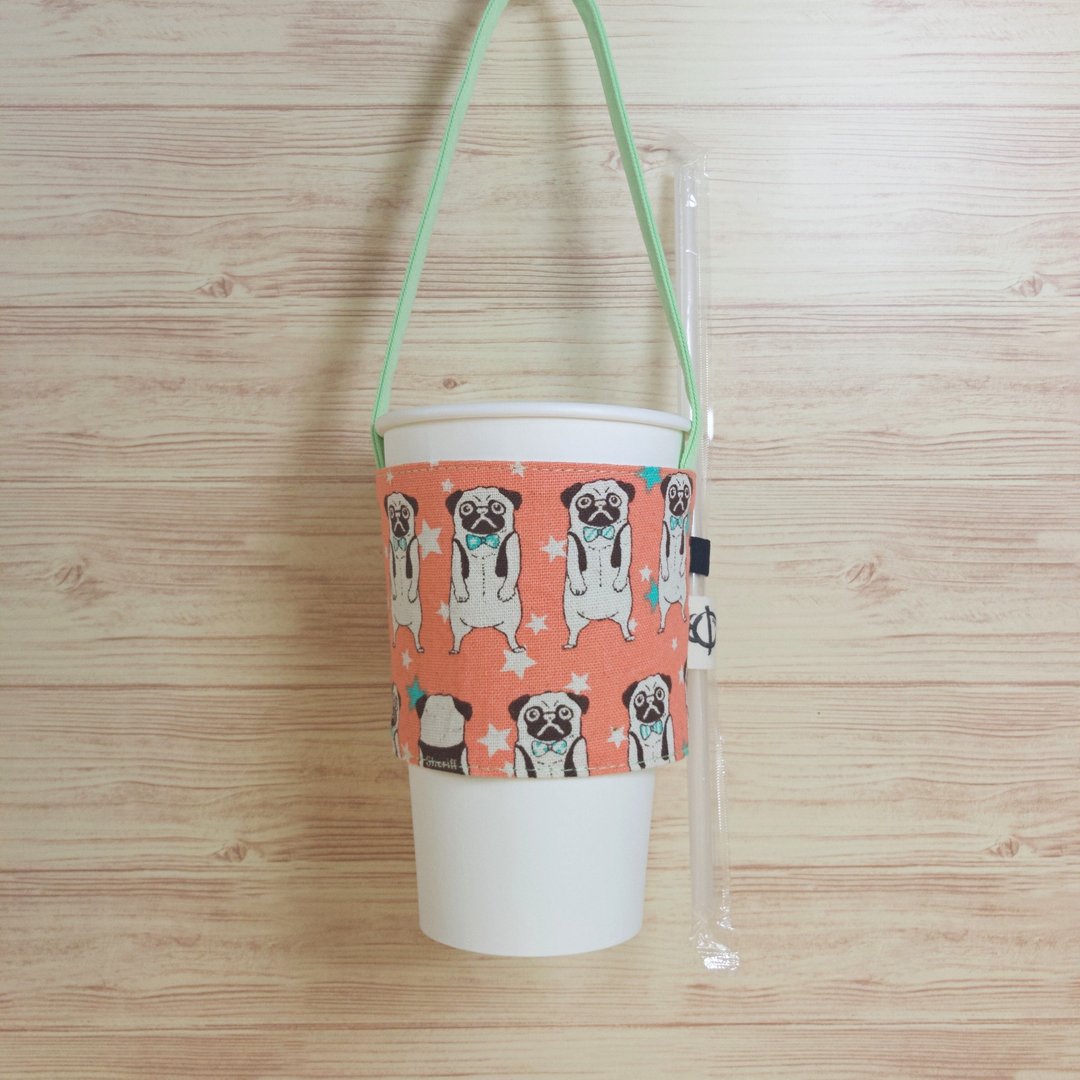 巴哥犬环保饮料提袋 - 随行杯提袋/水壶袋 - 棉 多色