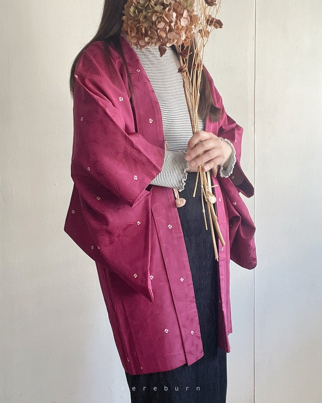 日本制和风印花薄款紫红色古着羽织和服外套 - 女装休闲/机能外套 - 丝．绢 紫色