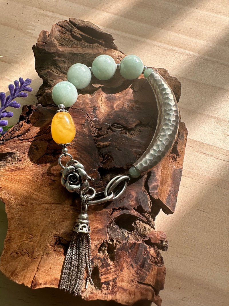 绿色翡翠珠子搭配925银管手环/天然缅甸翡翠 - 手链/手环 - 玉石 