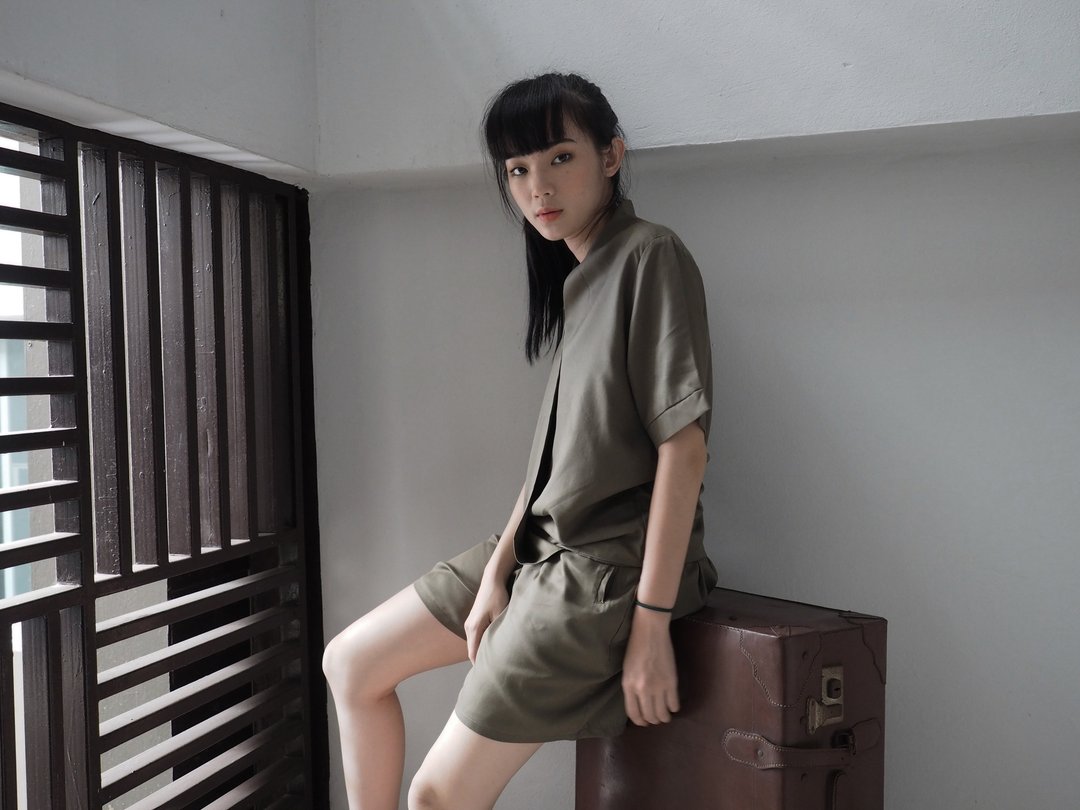 halve 橄榄绿 A 套装 / 嫘萦布料 - 女装上衣 - 棉 卡其色