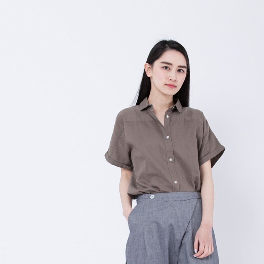 Dora 折袖宽版衬衫棉麻衫 / 橄榄绿 - 女装上衣 - 棉 绿色