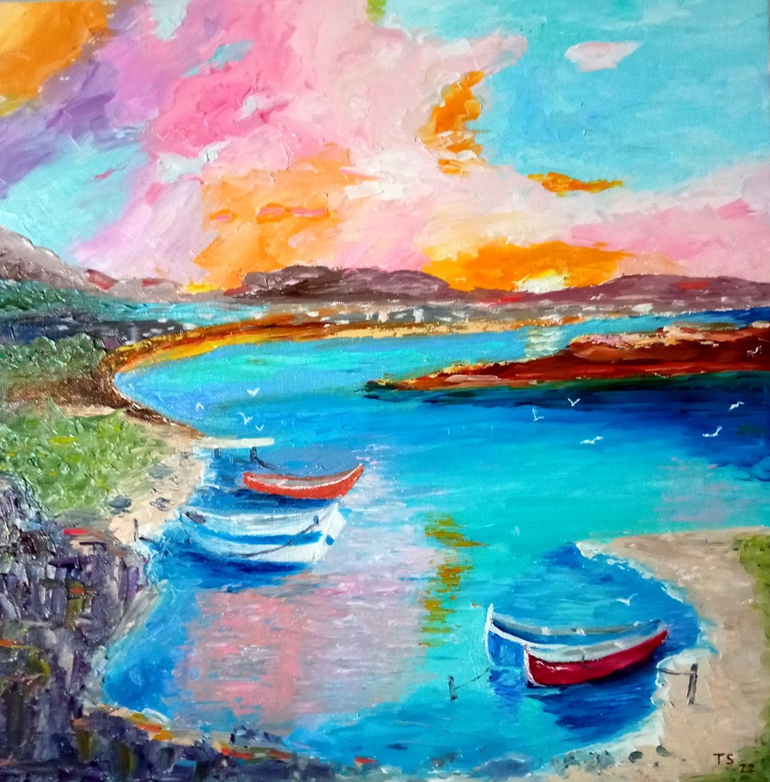 Original author's oil painting Boats in the Lagoon. 30x30 cm. Unframed. - 墙贴/壁贴 - 其他材质 